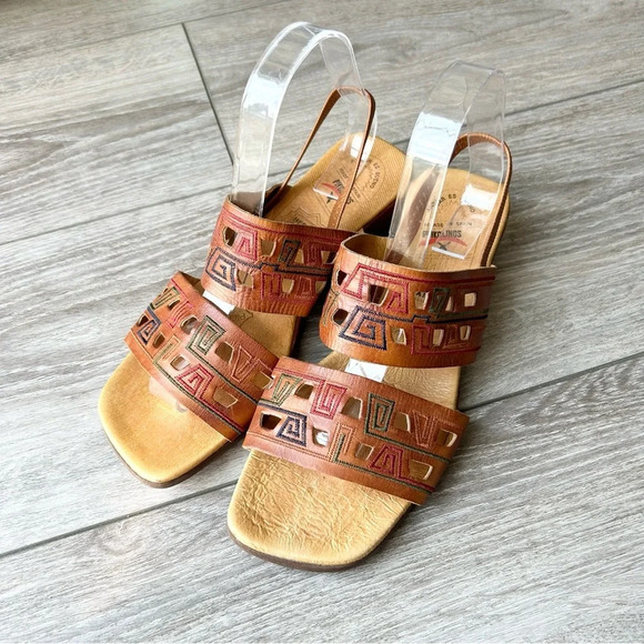 Pikolinos  Brown Tan Leather Embroidered Square Toe Slingback Sandals - Picture 1 of 14